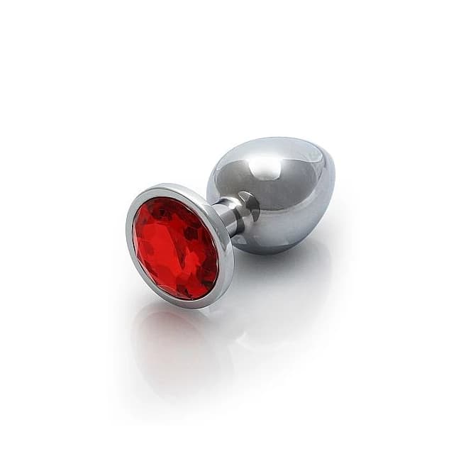 (wd) Round Gem Butt Plug Large Silver Ruby Red - Image 1