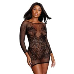 (wd) Seamless Fishnet & Lace Chemise Black O/s - Image 1