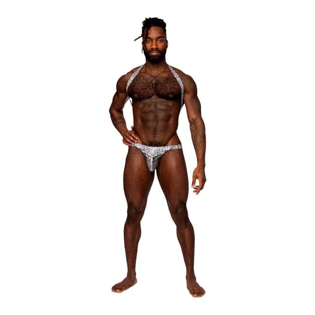 (WD)S'NAKED CRISS CROSS THONG SILVER/BLACK L/XL  - Image 1