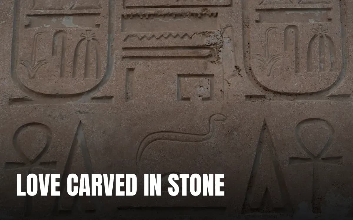 Close-up of ancient Egyptian hieroglyphs carved on a sandstone wall, showing iconic symbols and inscriptions.