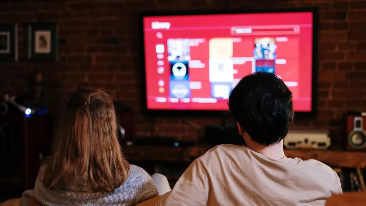 A couple enjoys streaming shows on a large TV in a cozy, brick-walled living room.