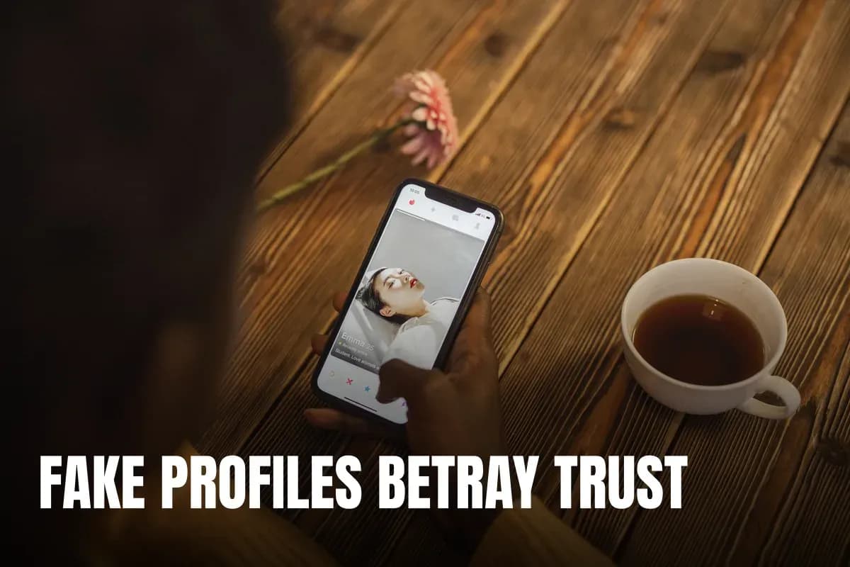An individual using a dating app on a smartphone with a cup of tea nearby on a wooden table.
