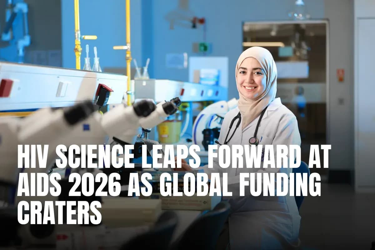 A confident female scientist in a lab coat with a hijab in a modern laboratory with microscopes and textbooks.