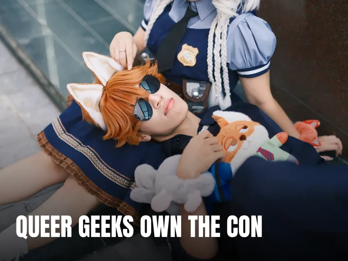 Two cosplayers in playful police-themed costumes relax outdoors, embodying fun and creativity.