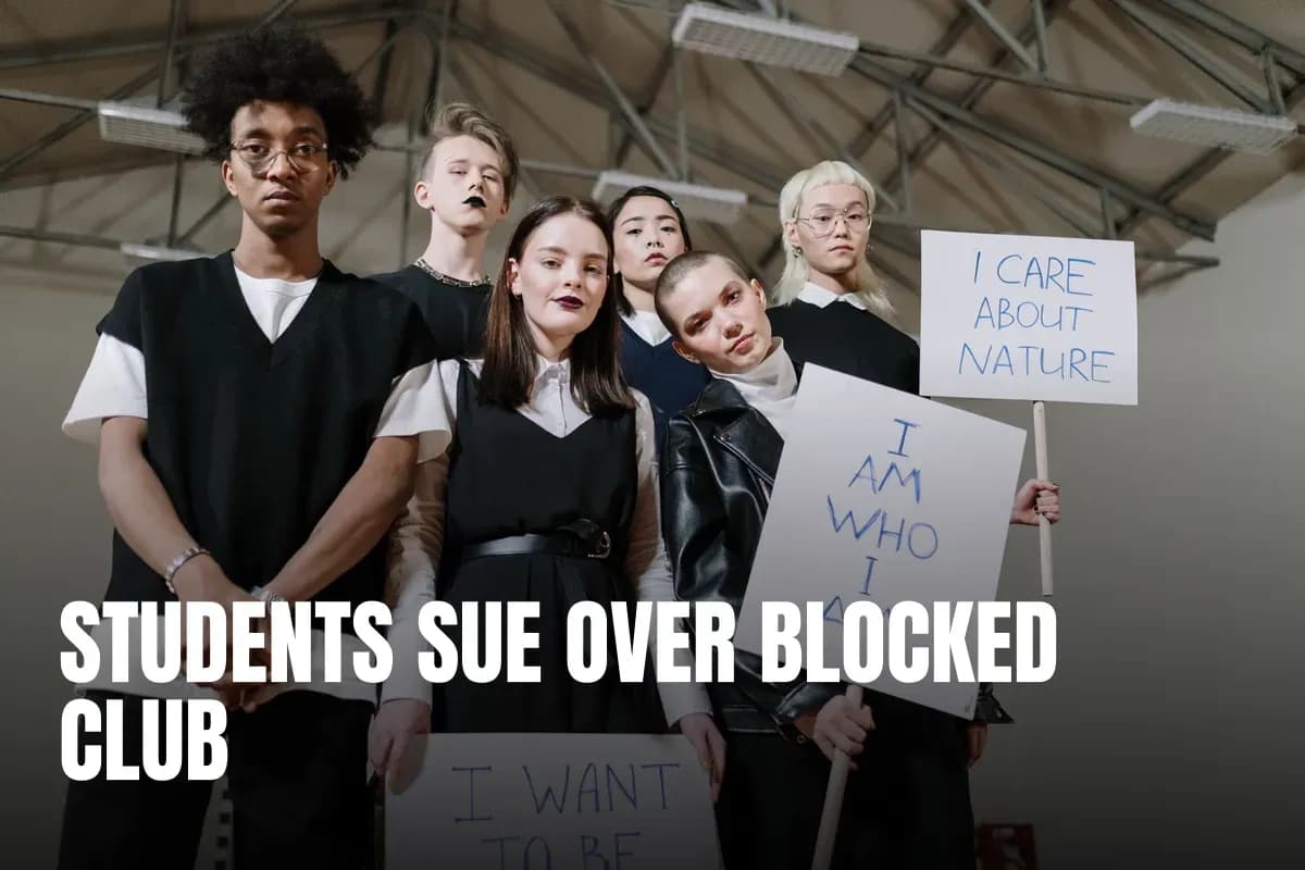 A diverse group of teenagers holding protest signs indoors, advocating individuality and environmental care.