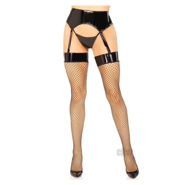 2 Pc. Vinyl Garter Belt Fishnet Stockings and G-String - Black - Small/ Medium, image 1