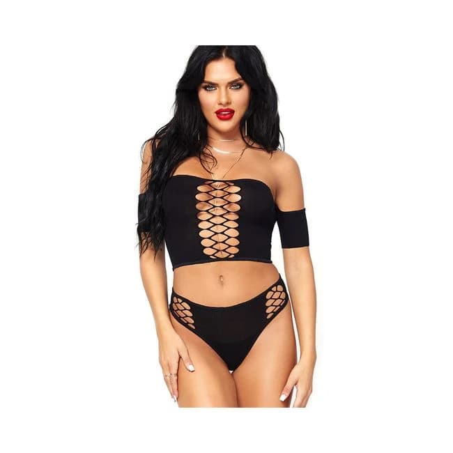 2 Piece Crop Top Net Detail and Thong Back Bottoms Black O/S, image 1