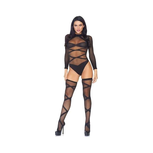 2 Piece Sheer Criss Cross Body Suit & Thigh Highs O/S Black, image 1
