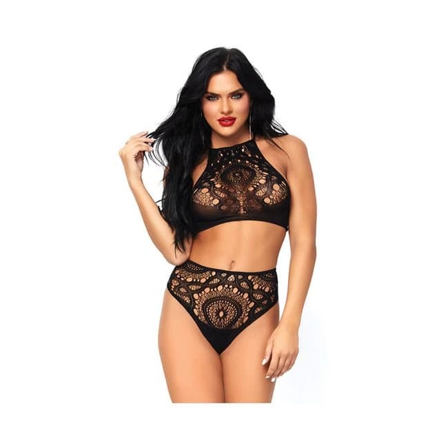 2pc Crochet Lace Halter Crop Top with Strappy Back Detail and Matching High Waist Thong Med/lg Black - Image 1 2pc Crochet Lace Halter Crop Top with Strappy Back Detail and Matching High Waist Thong Med/lg Black - Image 1