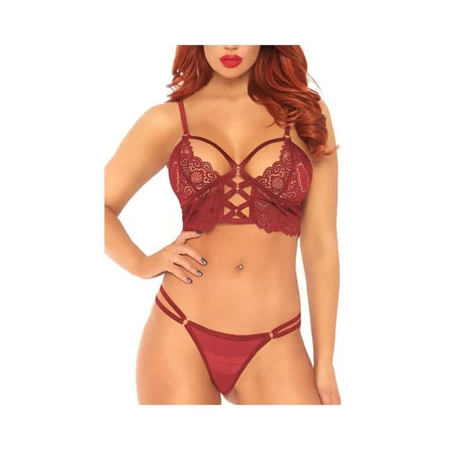 Lace Bralette with Cage Strap O-Ring Bodice Detail and Matching Duel Strap Sheer G-String, image 1