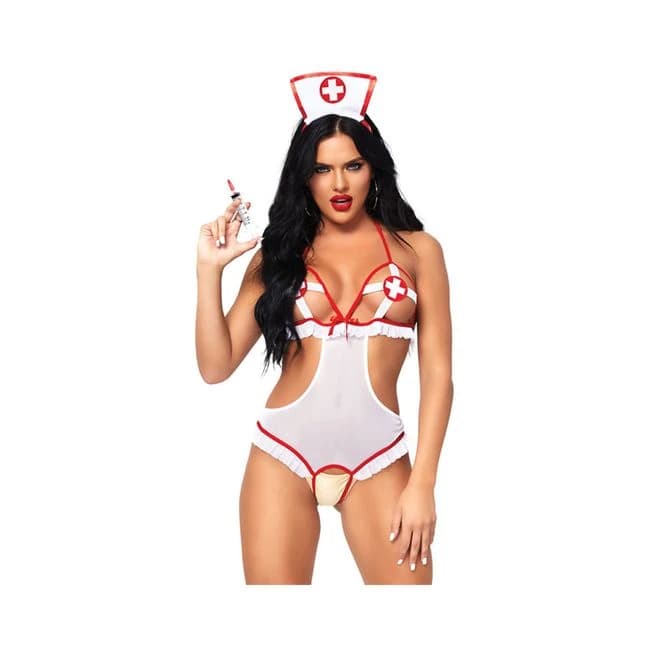 2pc Naughty Nurse, Includes Crotchless Teddy with Peek-a-Boo Cups and Matching Headband O/S Wh/rd, image 1