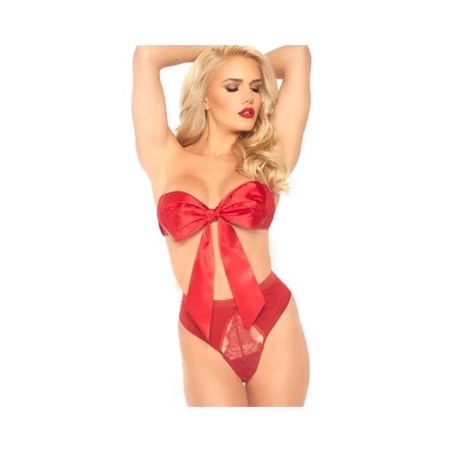 2pc Satin Ribbon Gift Bandeau with Hook-n-Eye Back and Matching Eyelash Lace Cut Out G-String Panty, image 1