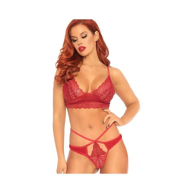 2pc Sweetheart Lace Bralette and Matching Strappy Cut Out G-String. Red Sml/med, image 1