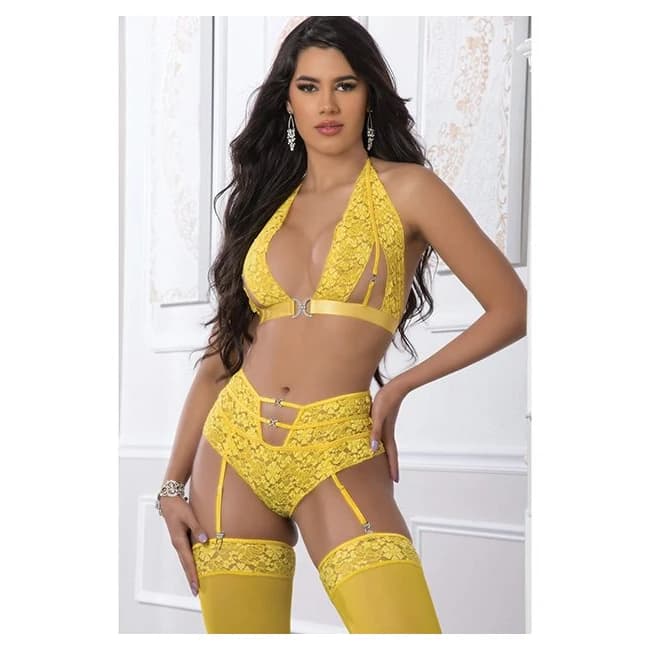 3pc High Waist Garter Laced Panty Set Illuminating O/S, image 1
