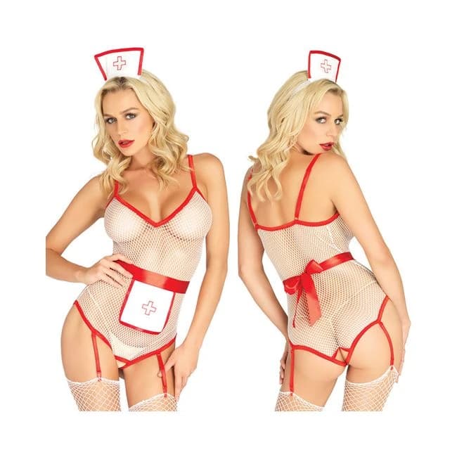 3pc Nurse, Fishnet Crotchless Garter Teddy, Apron, & Matching Headb& O/S White, image 1