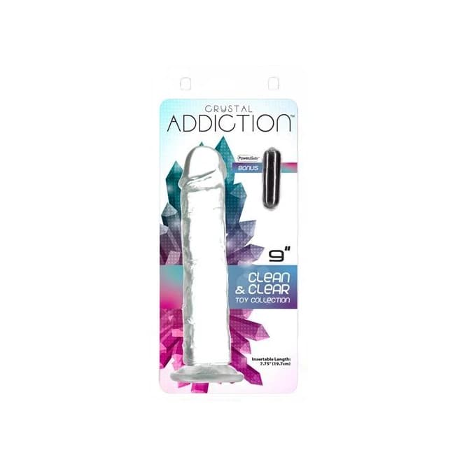 Addiction Crystal 9 Vertical Dong Clear Tpe W/ Bullet " - Image 1 Addiction Crystal 9 Vertical Dong Clear Tpe W/ Bullet " - Image 1