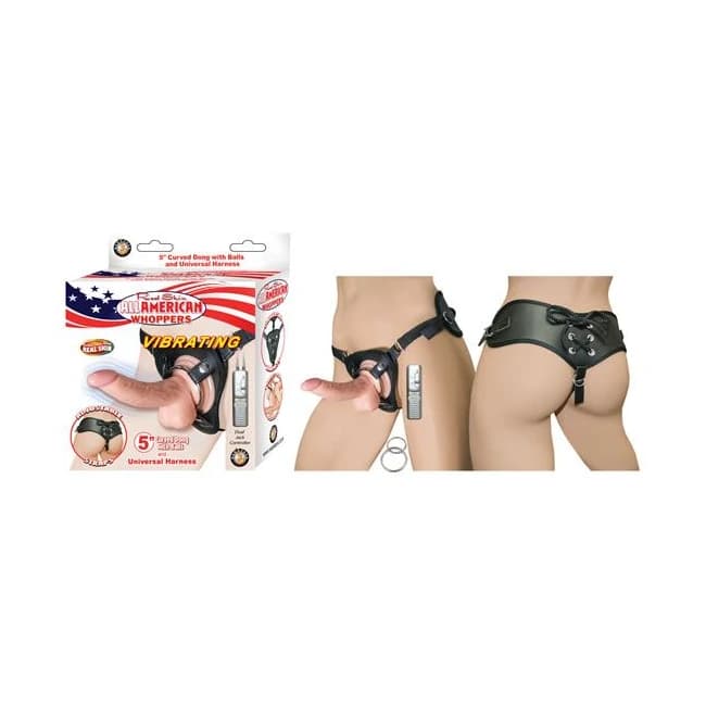 All American Whoppers 5 Vibrating Curved Dong w/ Balls Flesh & Universal Harness", image 1