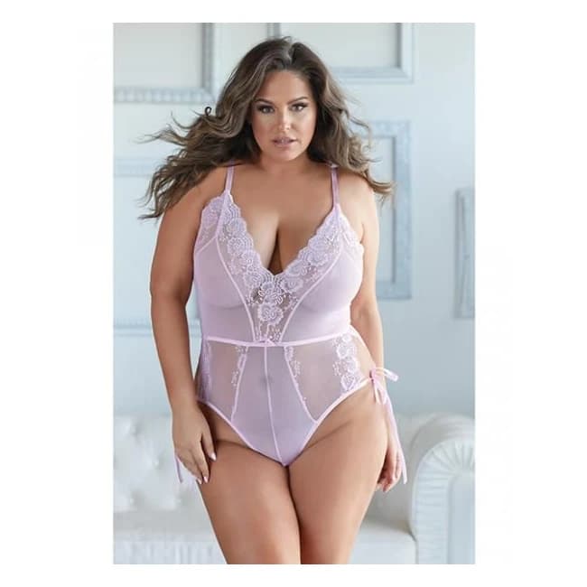 Allure Belle Lace & Mesh Tie up Romper Pink 1x/2x, image 1