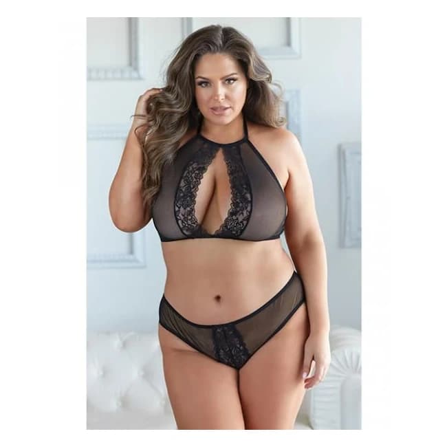 Allure Elise Halter Neck Top & Open Back Panty Black 1x/2x, image 1