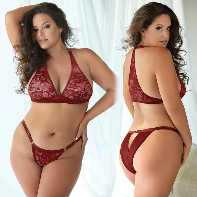 Allure Lace & Mesh Bralette and Panty 2pc Set-Burgundy 2x/3x, image 1