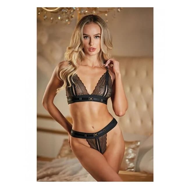 Allure Lace Peek a Boo Bralette & Panty Black O/S, image 1