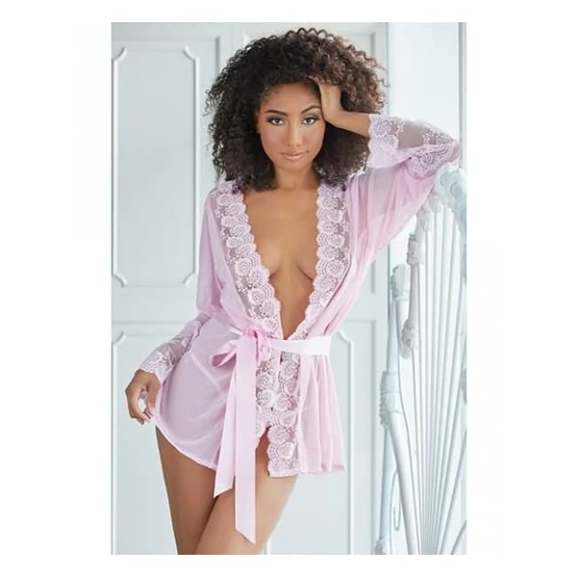 Allure Nina Lace & Mesh Robe w/ G-string Pink, image 1