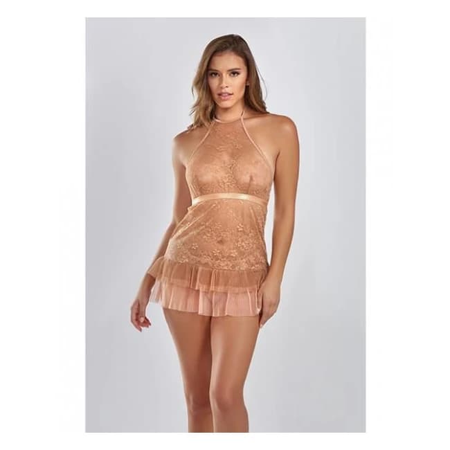 Amber Halter Lace Babydoll w/ Tiered Pleated Mesh Skirt Hem & G-String, image 1