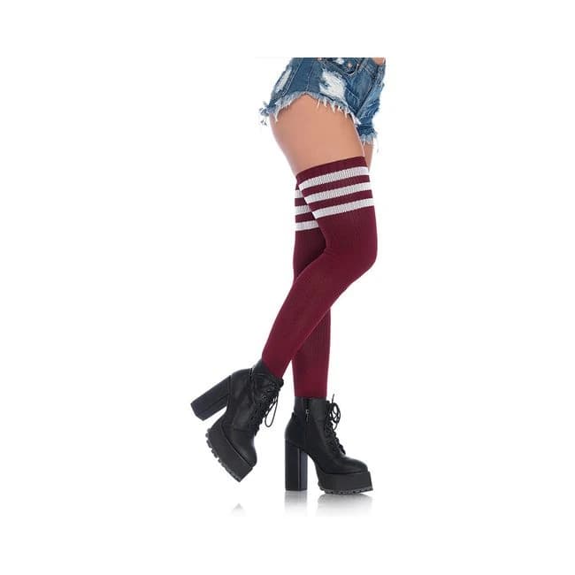 Athlete Thigh Highs with 3 Stripes O/S Burgundy, image 1