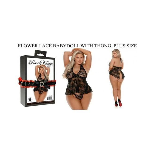 Barely Bare Flower Lace Babydoll with Thong Plus Size Black, image 1