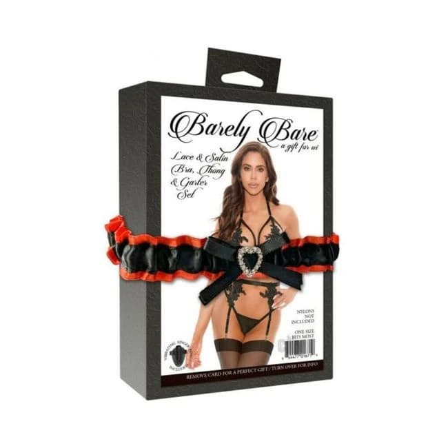 Barely Bare Lace & Satin Bra, Thong & Garter Set Black O/S, image 1