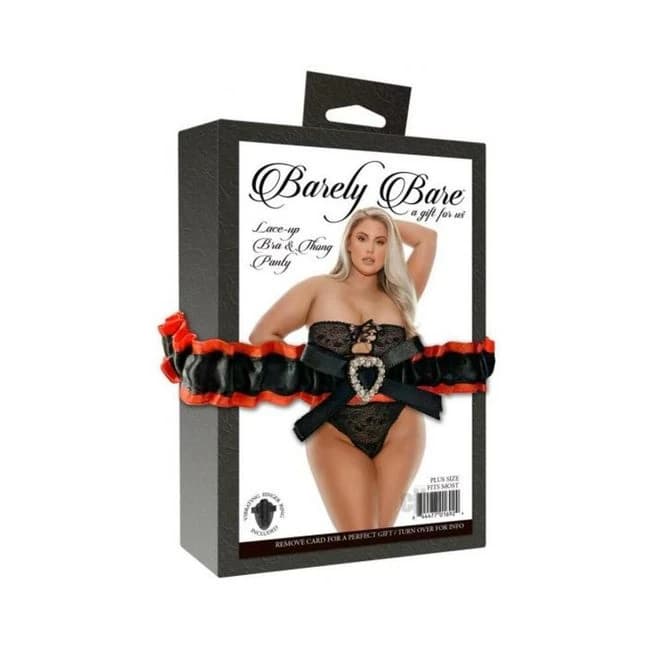 Barely Bare Lace-up Bra & Thong Panty Plus Size Black, image 1
