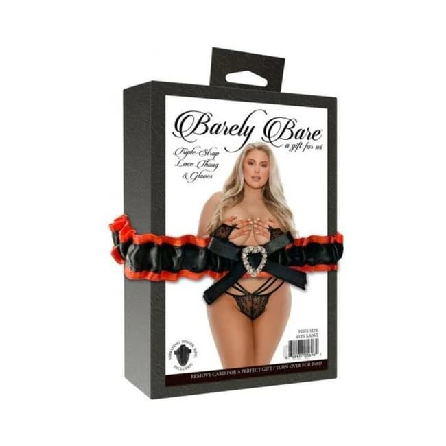 Barely Bare Triple-Strap Lace Thong & Glove Plus Size Black, image 1