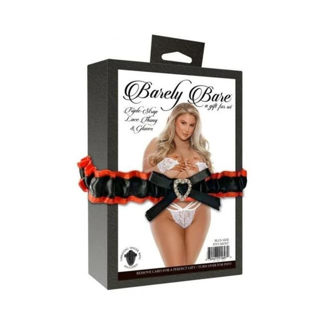 Barely Bare Triple-Strap Lace Thong & Gloves Plus Size White, image 1