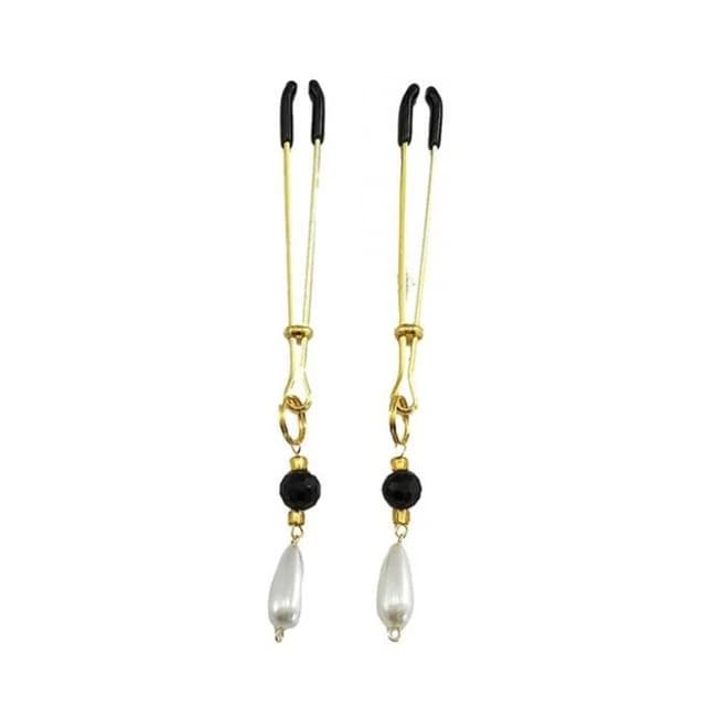 Bijoux De Nip Tweezer Nipple Clamp w/ Black & Gold Beads w/ Pearl - Gold, image 1