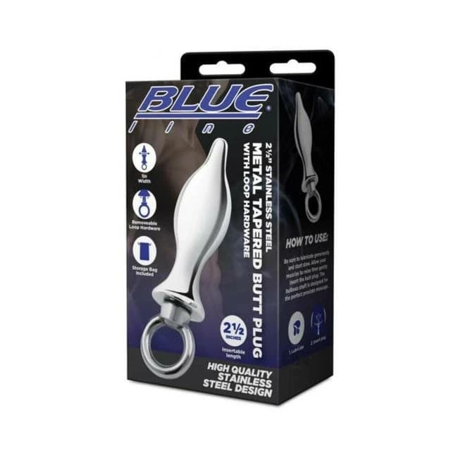Blue Line 2.5" Stainless Steel Metal Tapered Butt Plug with Loop Hardware, image 1
