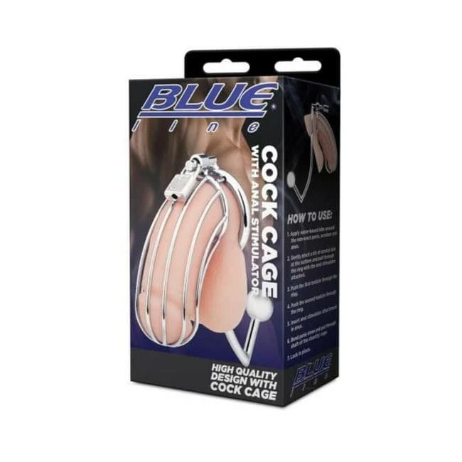 Blue Line Metal Cock Cage with Anal Stimulator, image 1