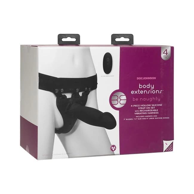 Body Extensions Hollow Strap-on 4-piece Set with Clitoral Vibrator Black - Image 1 Body Extensions Hollow Strap-on 4-piece Set with Clitoral Vibrator Black - Image 1