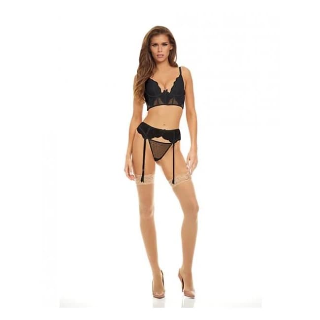Bombshell Boudoir Lace & Mesh Peek a Boo Wire Bra, Garter Belt & G-String Black Md, image 1