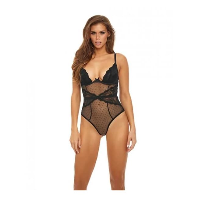 Bombshell Boudoir Lace & Mesh Peek a Boo Wire Teddy Black Md, image 1