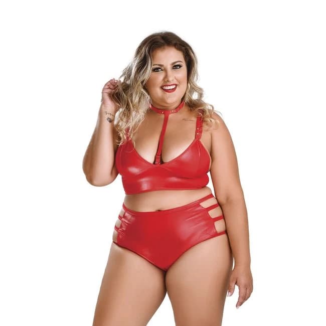 Bondage Set Top W/ Removable Collar & Pants Red Plus Size, image 1