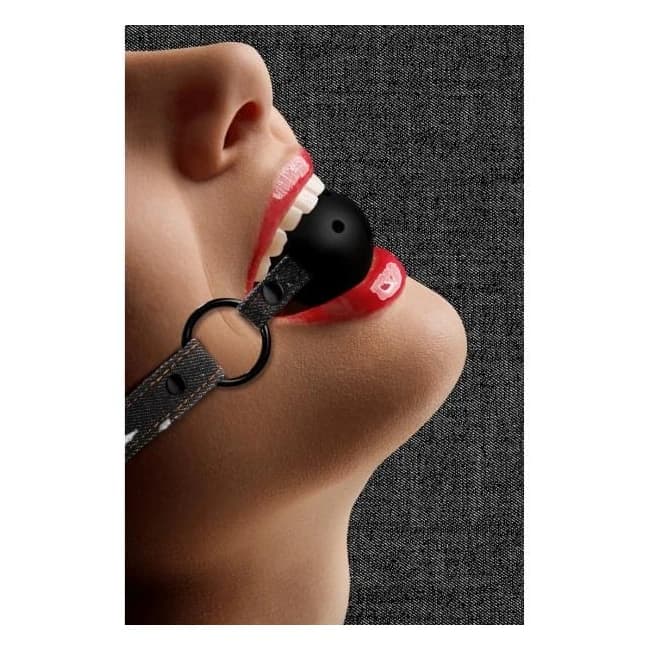 Breathable Ball Gag - with Roughend Denim Straps - Black - Image 1 Breathable Ball Gag - with Roughend Denim Straps - Black - Image 1