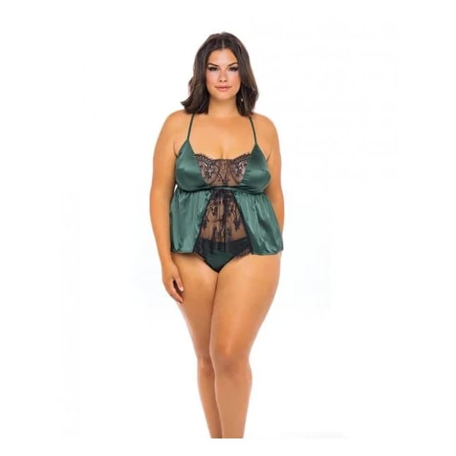 Cammi Eyelash & Satin Cami w/ Tanga Panty Dark Green/black 3x/4x, image 1