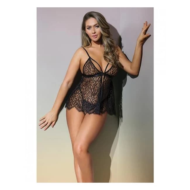 Classic Fine Lace Sheer Triangle Cup Babydoll & G-String Black O/S, image 1