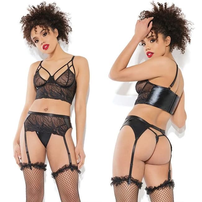 Coquette Longline Bra Garter Belt & G-String Set-Black X-Large, image 1