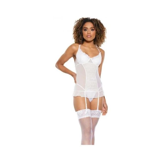 Coquette Mesh Gathered-Front Chemise with Ruffle Detail White, image 1