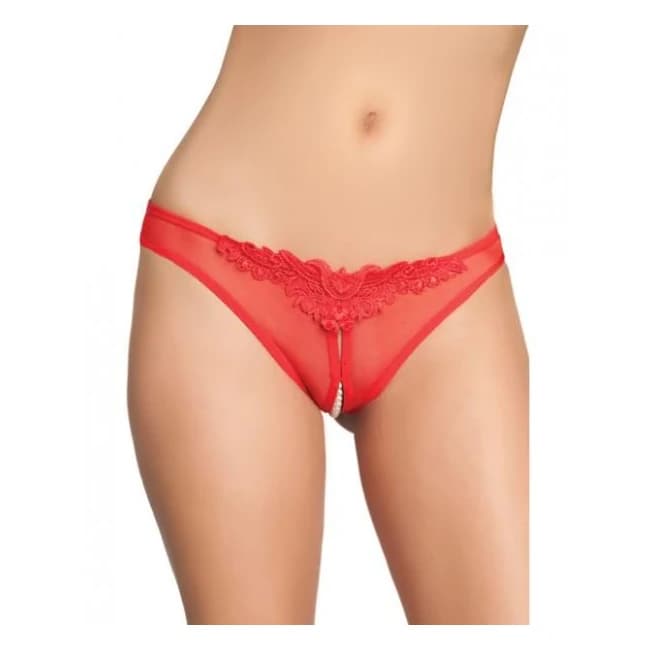 Crotchless Thong Panty with Pearls Red O/s - Image 1 Crotchless Thong Panty with Pearls Red O/s - Image 1