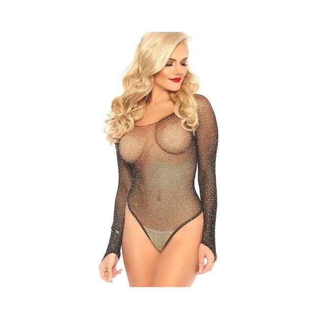 Crystalized Long Sleeved Fishnet Thong Back Bodysuit with Snap Crotch. Black O/S, image 1
