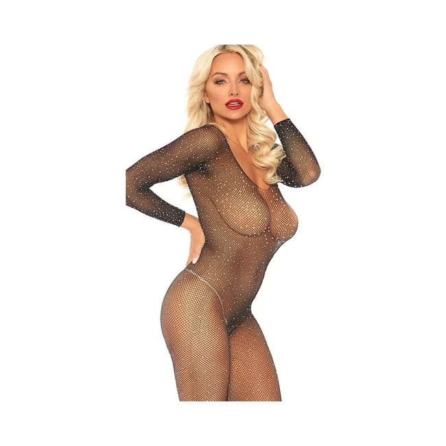 Crystalized Seamless Fishnet Long Sleeved Bodystocking, image 1