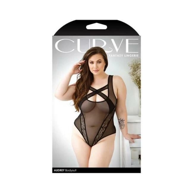 Curve Audrey Criss-Cross Mesh Bodysuit with Lace Panel Detail and Snap Closure 1x/2x Black, image 1