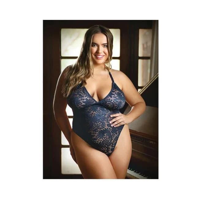 Curve Cara Strappy Stretch Lace Teddy with Snap Crotch Closure 1x/2x Ink Blue, image 1